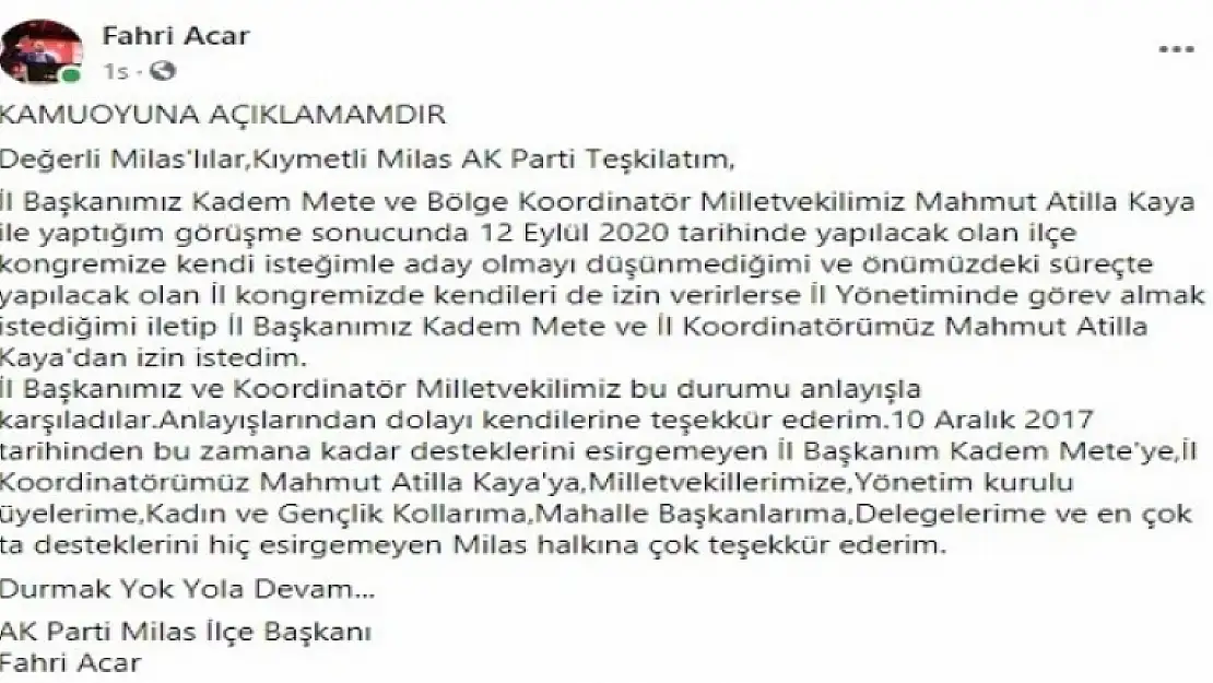 AK Parti Milas İlçe Başkanı Acar: Aday Olmayı Düşünmüyorum