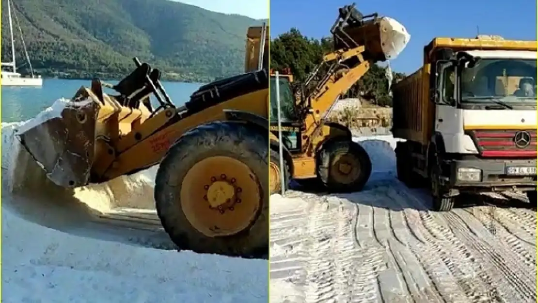 Bodrum'da Plaja Dökülen Kuvars Tozu, İş Makineleriyle Kaldırılmaya Başlandı