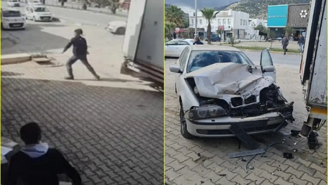 Bodrum'da Yük İndirdiği Kargo Kamyonuna Otomobil Çarptı, Saniyelerle Ölümden Döndü