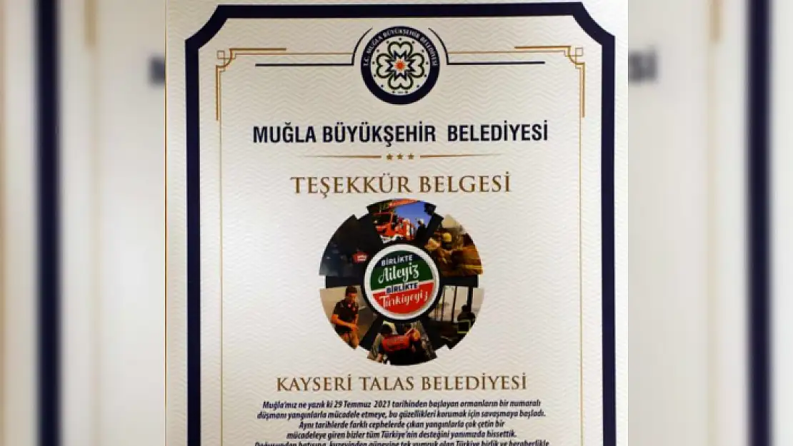 Muğla Belediyesi'nden Talas'a 'Yangına Müdahale' Teşekkürü