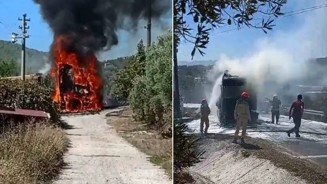 Hafriyat yüklü kamyon seyir halindeyken çıkan yangında küle döndü